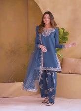 Glorious Blue Crepe Sequence Work Palazzo Suit